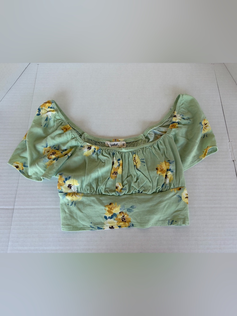 Mint Green Floral Ruffle Crop Top with Yellow Blooms